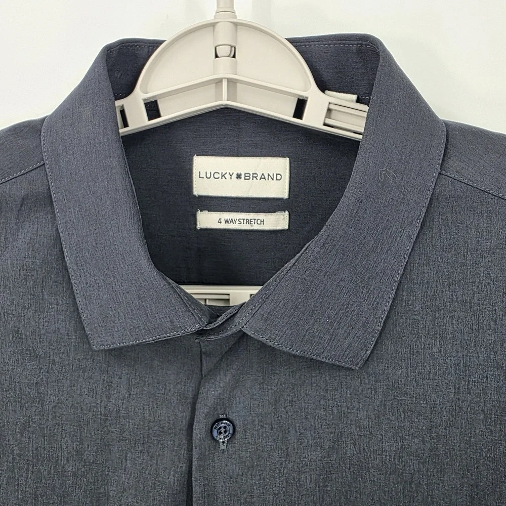 Lucky Brand Men's Sz XL 17/17.5  Navy Blue Button Up Slim Fit 4 Way Stretch - Picture 3 of 9